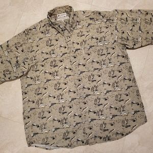 VTG Columbia Sportswear Mens XL Fly Fishing Fish AOP All Over Button T Shirt